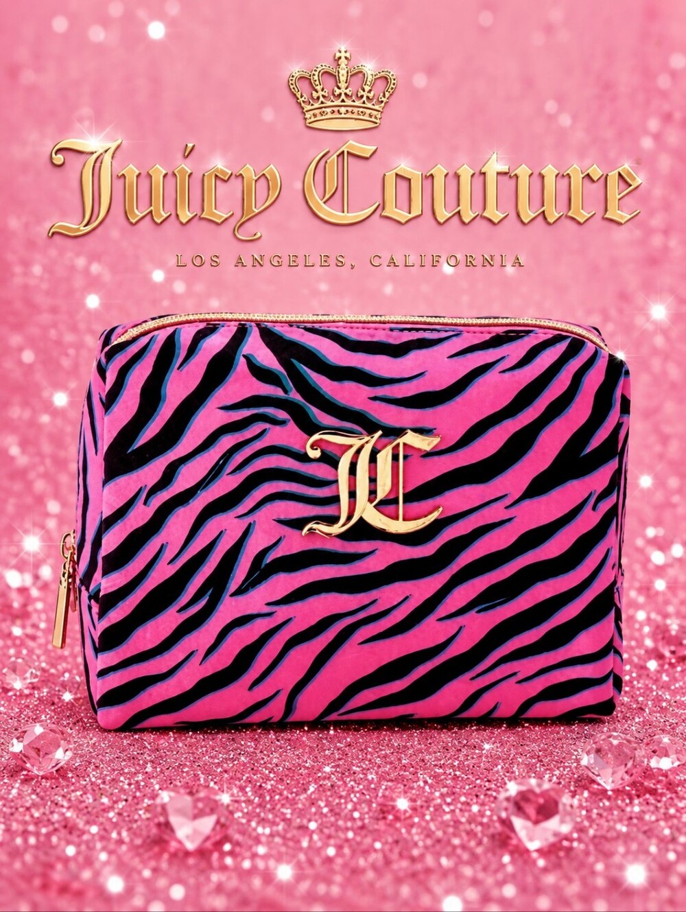 Juicy Couture Hot Pink & Black Zebra Print Large Cosmetic Bag